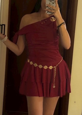 s Beden bordo Renk Bordo Parlak Mini Straplez Elbise