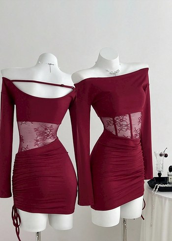Bordo Dantel Detaylı Straplez Mini Elbise