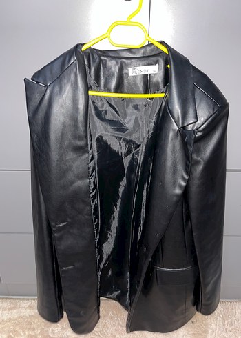 Siyah blazer Deri Kadın Ceket, Düğmeli, Ofis Şıklığı - Görsel 2