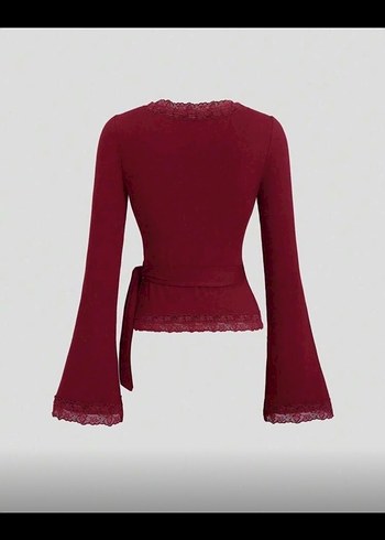Bordo Dantel Detaylı Uzun Kollu Bluz - Görsel 2