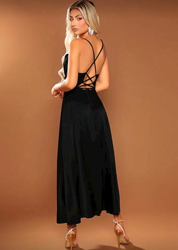 Siyah Saten Drapeli Uzun Strappy Elbise - Görsel 2