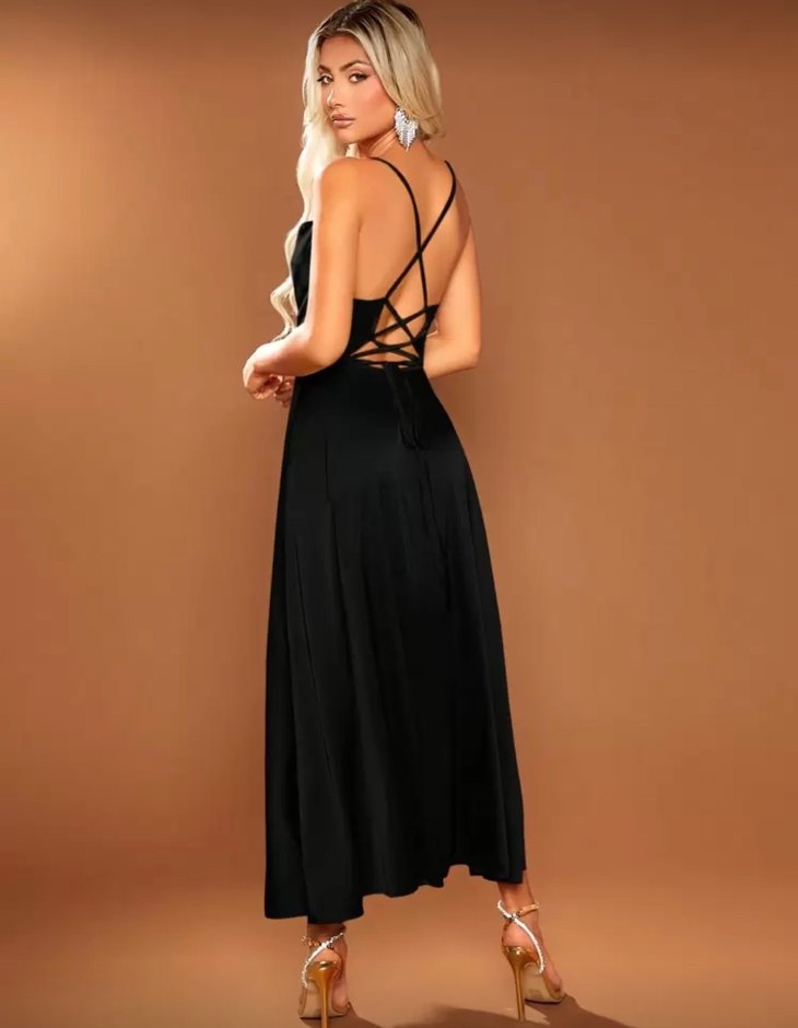 Siyah Saten Drapeli Uzun Strappy Elbise - Görsel 2