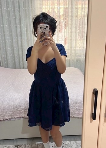 Lacivert Straplez Midi Gotik Elbise - Görsel 3