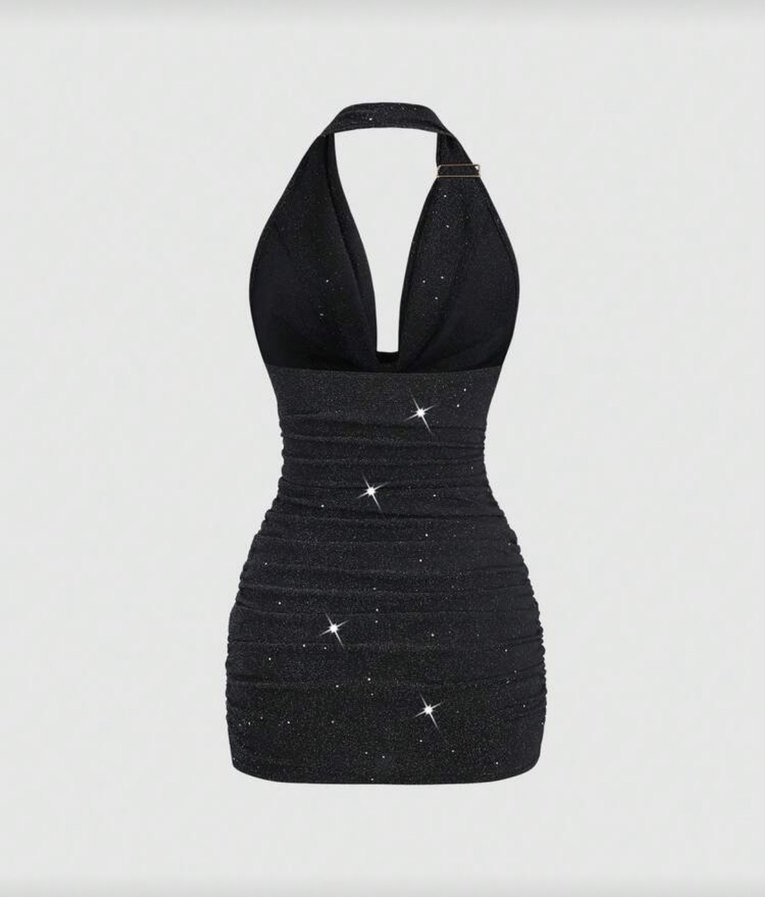 Siyah Mini Parlak V Yaka Kadın Elbise - Görsel 2