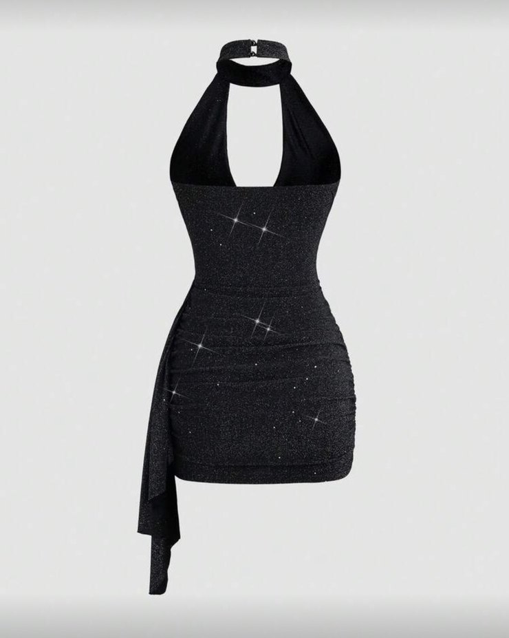 Siyah Parlak Mini Halter Yaka Elbise - Görsel 2