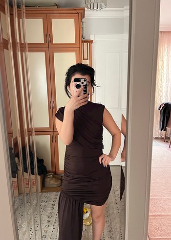 Eyyo Kahverengi Drapeli kısa Elbise - Görsel 4