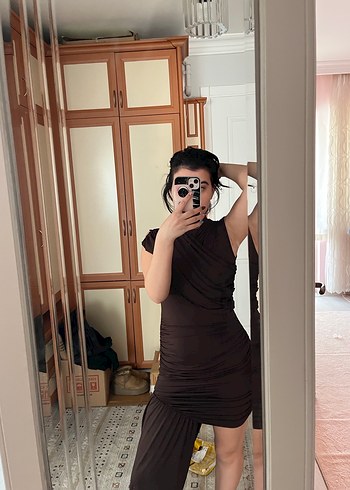 Eyyo Kahverengi Drapeli kısa Elbise - Görsel 3