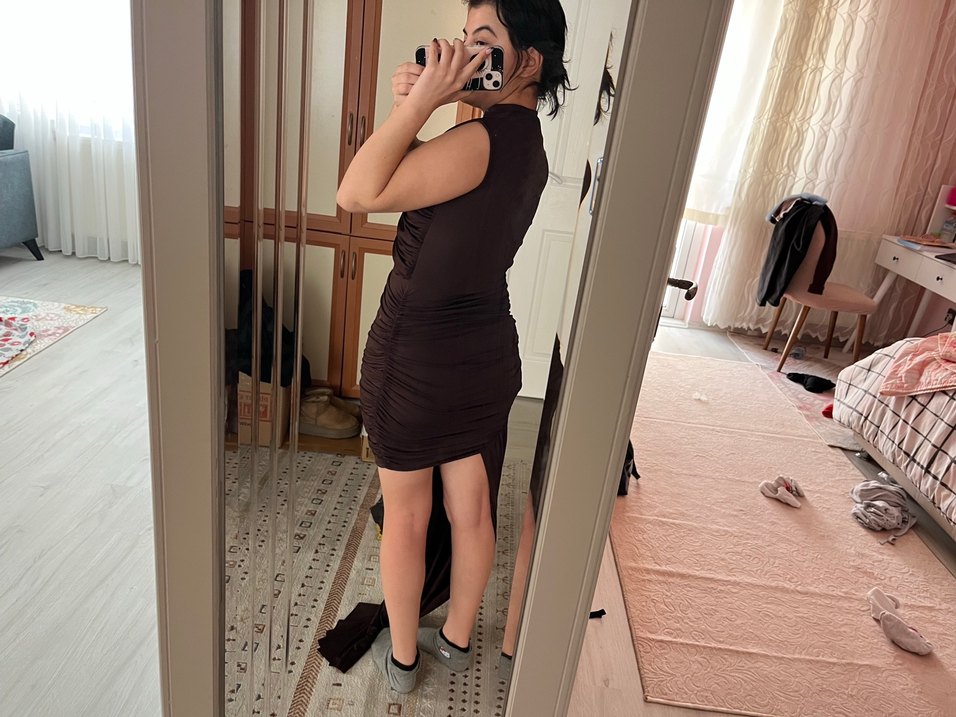 Eyyo Kahverengi Drapeli kısa Elbise - Görsel 5