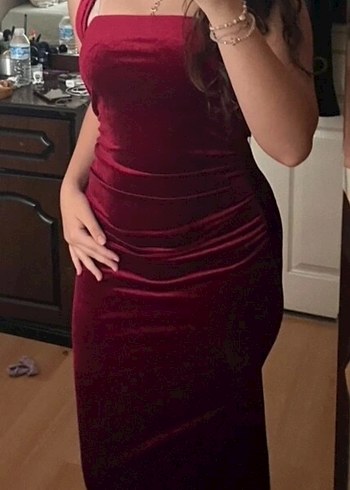 s Beden bordo Renk Bordo kadife Halter yaka uzun elbise