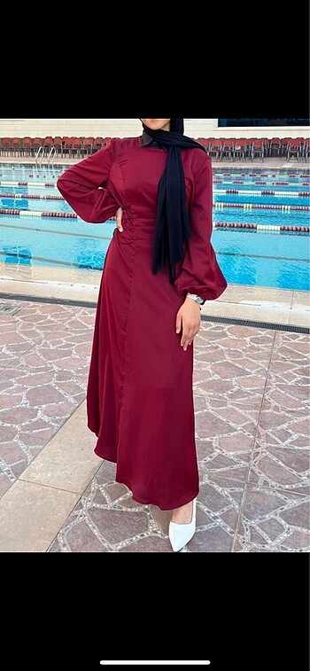s Beden Bordo bel sıkıştırmalı tesettür elbise