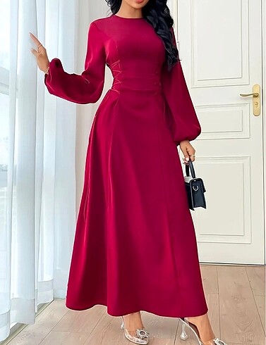 Bordo bel sıkıştırmalı tesettür elbise