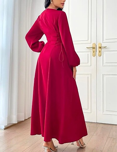 Sheinside Bordo bel sıkıştırmalı tesettür elbise