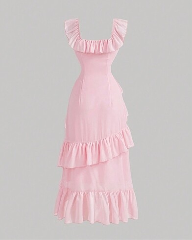 Sheinside Pembe fırfırlı az yırtmaçlı uzun elbise