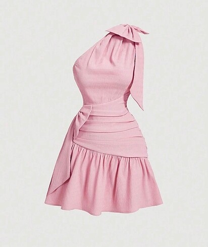 Pembe tek omuz kısa elbise