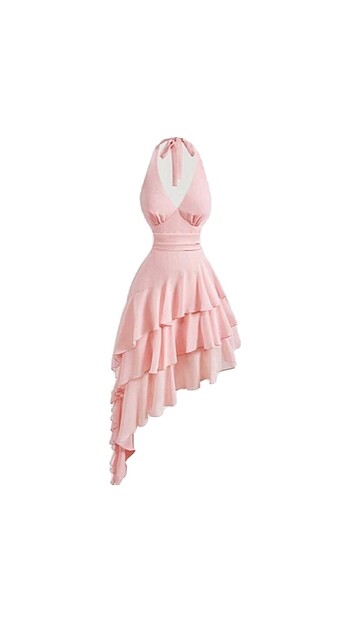 Pembe fırfırlı boydan bağlamalı kısa elbise