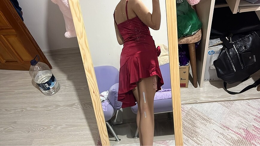 s Beden kırmızı Renk Saten kırmızı gül detaylı kısa elbise