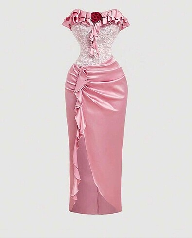 Pembe straplez yırtmaçlı elbise