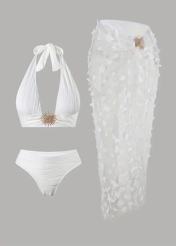 Beyaz Dantel Detaylı Mini Bikini ve Pareo