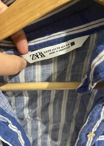 Zara Mavi Çizgili Keten Kadın Gömlek