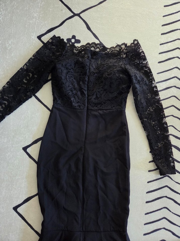 Dantel Detaylı Siyah Uzun Kollu Uzun Elbise - Görsel 5