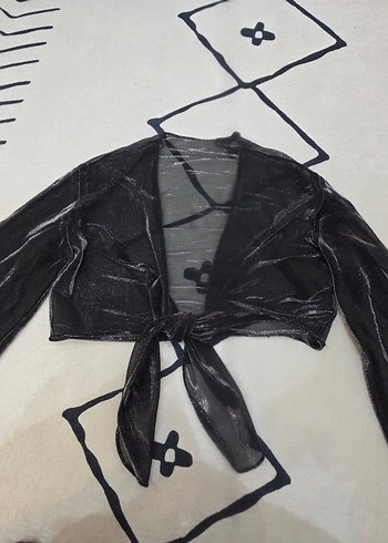 Transparan simli crop tül bluz üst - Görsel 5