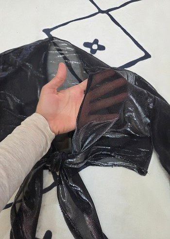 Transparan simli crop tül bluz üst - Görsel 6