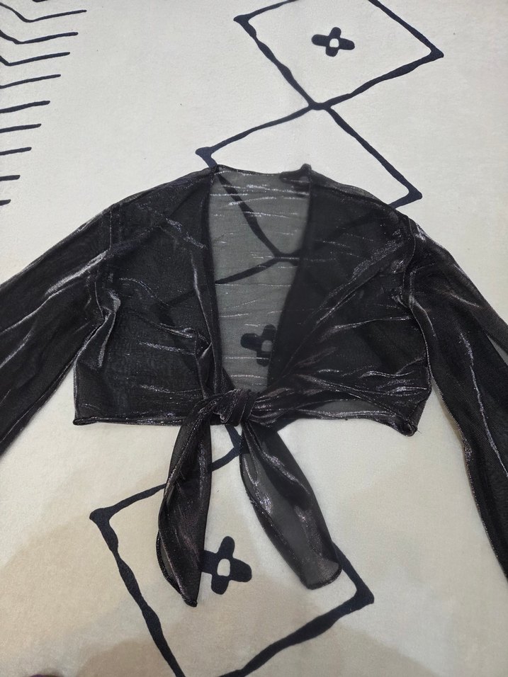 Transparan simli crop tül bluz üst - Görsel 5