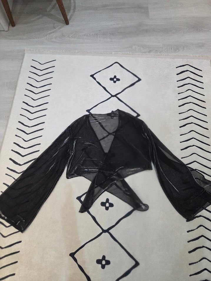 Transparan simli crop tül bluz üst - Görsel 2