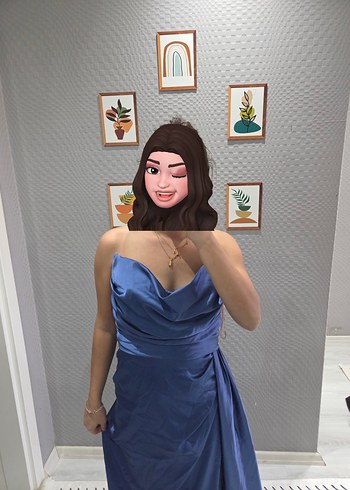 Mavi Drapeli Straplez Midi Abiye Elbise - Görsel 5