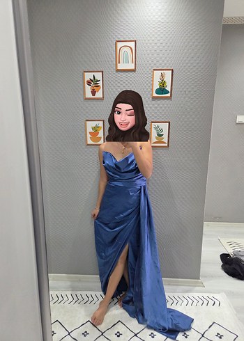 Mavi Drapeli Straplez Midi Abiye Elbise - Görsel 4