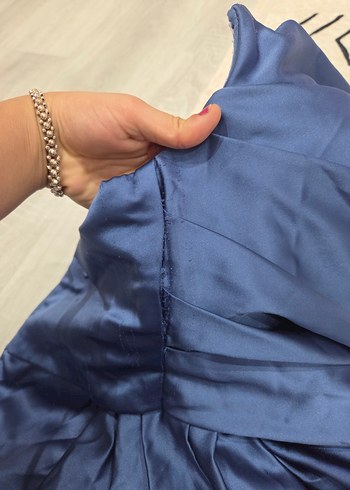 Mavi Drapeli Straplez Midi Abiye Elbise - Görsel 6