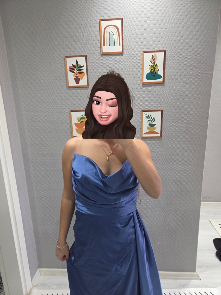 Mavi Drapeli Straplez Midi Abiye Elbise - Görsel 5