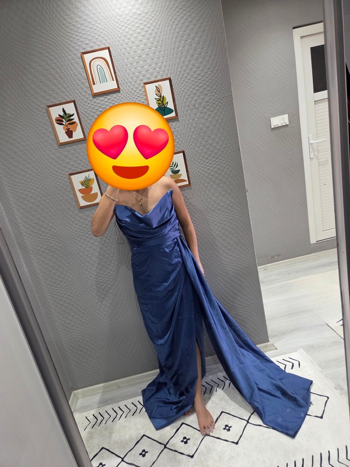 Mavi Drapeli Straplez Midi Abiye Elbise - Görsel 3