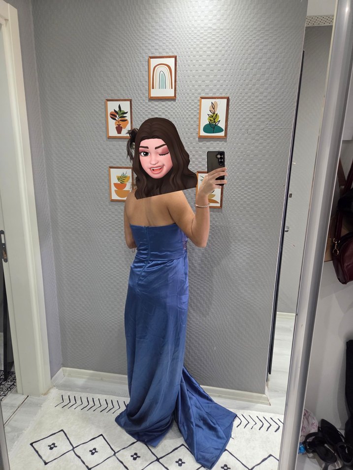 Mavi Drapeli Straplez Midi Abiye Elbise - Görsel 2