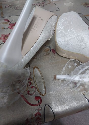 Narin İşlemeli krem Topuklu Gelin Ayakkabısı ve çanta - Görsel 7