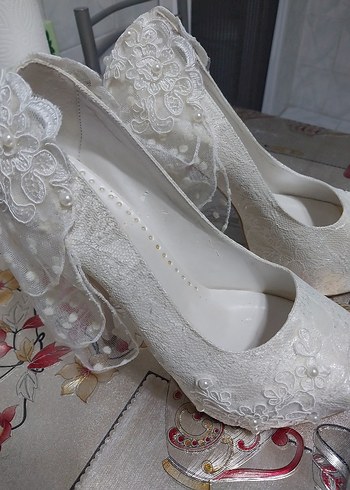 Narin İşlemeli krem Topuklu Gelin Ayakkabısı ve çanta - Görsel 9