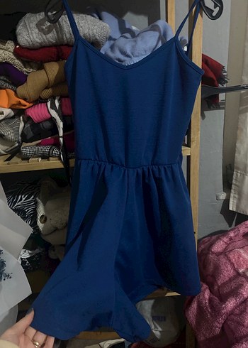 Kadın lacivert Askılı, şortlu Mini Tulum - Görsel 2