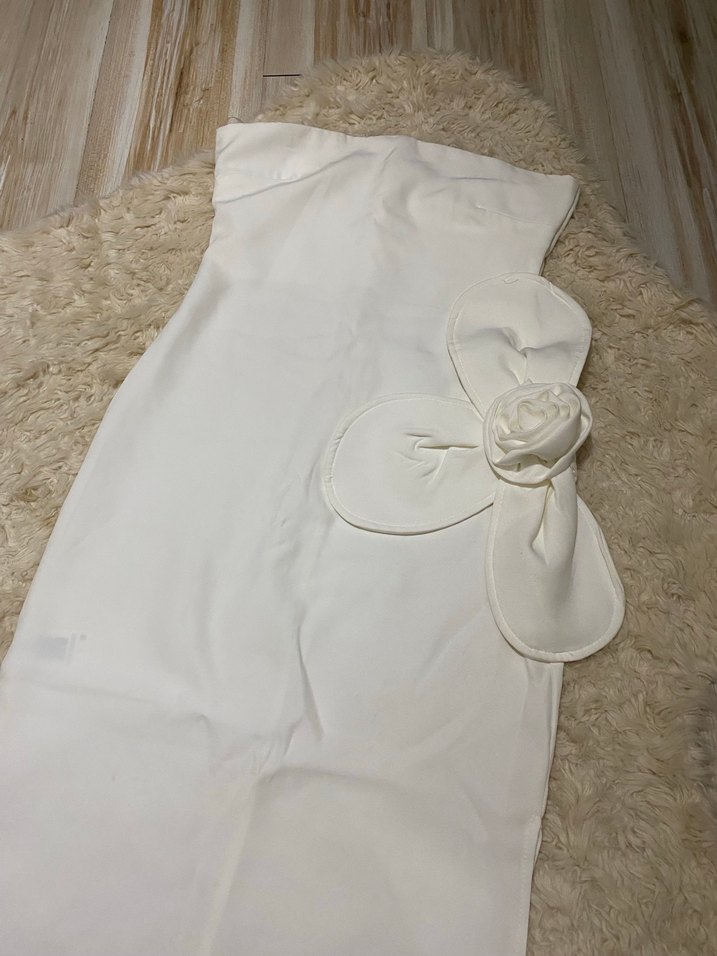 eyyo Beyaz Straplez Uzun Kadın Elbise - Görsel 3