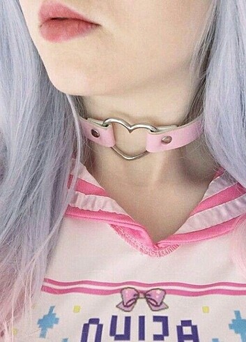 Pembe kalp Choker Kolye tasma