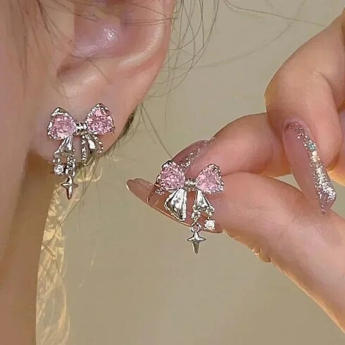 Beden pembe Renk Pembe taşlı kurdele coquette küpe