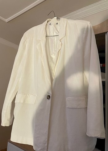 Düğmeli Beyaz Kadın Keten Blazer Ceket