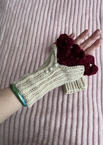 Bordo ve Krem Renkli Örgü Bohem Kadın Eldiveni - Görsel 4
