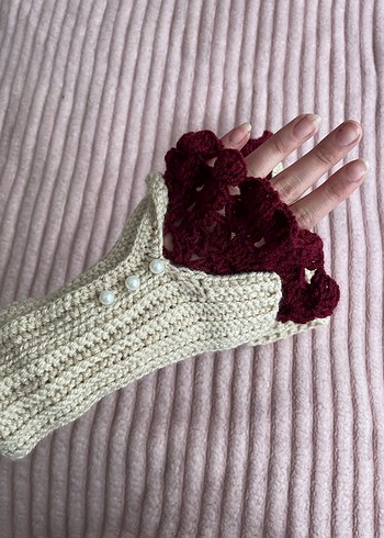 Bordo ve Krem Renkli Örgü Bohem Kadın Eldiveni - Görsel 3