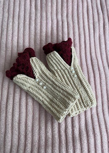Bordo ve Krem Renkli Örgü Bohem Kadın Eldiveni - Görsel 2
