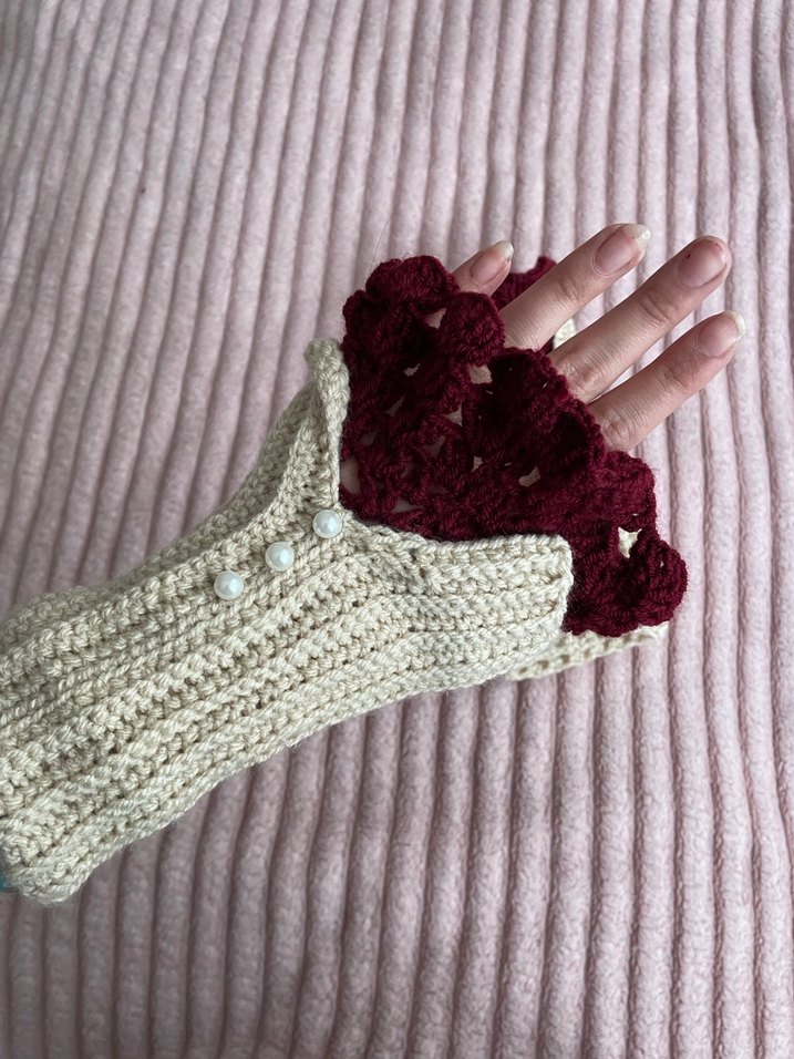 Bordo ve Krem Renkli Örgü Bohem Kadın Eldiveni - Görsel 3