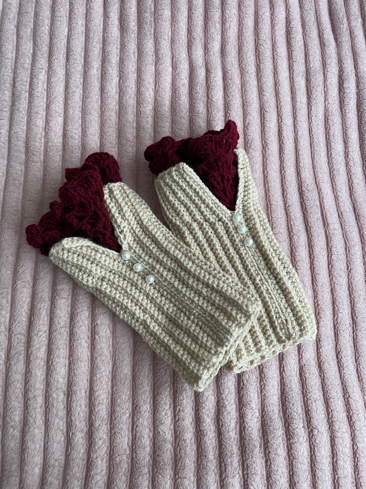 Bordo ve Krem Renkli Örgü Bohem Kadın Eldiveni - Görsel 2