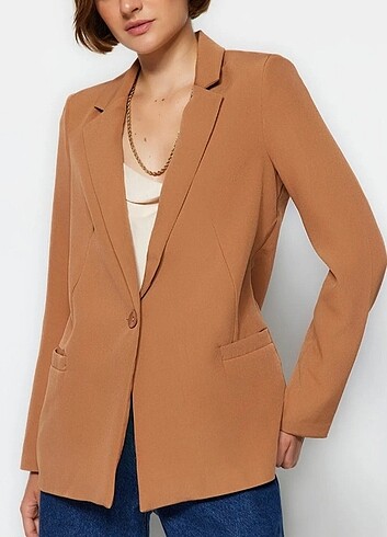 40 Beden camel Renk Regular Kaplan Desenli Astarlı Blazer Ceket