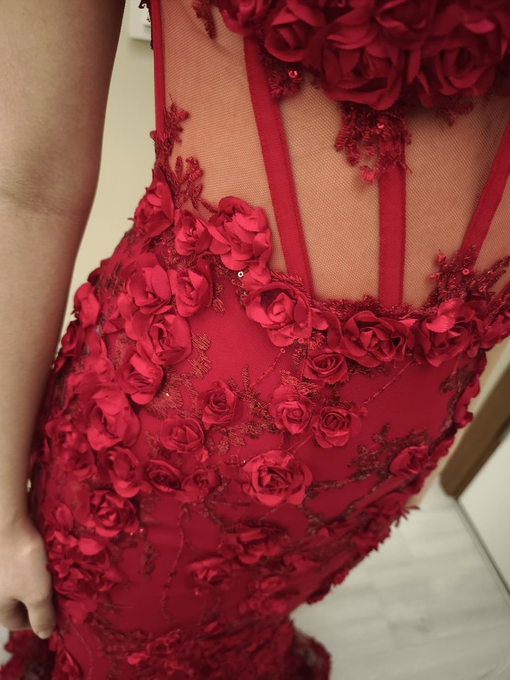 Alfabeta Kırmızı Çiçek İşlemeli Uzun Abiye Elbise - Görsel 4