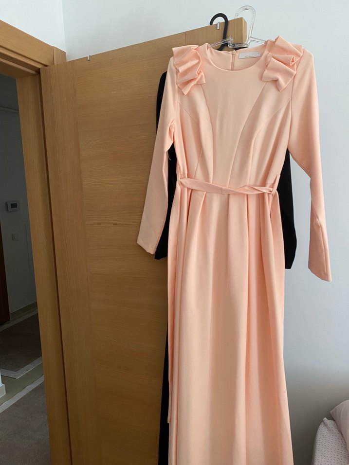 Pudra Pembe Uzun Drapeli Kadın Elbise - Görsel 2