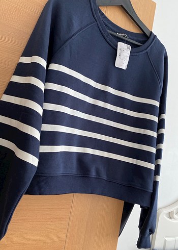 Mavi Gri Çizgili Rahat Kesim Kadın Sweatshirt - Görsel 2